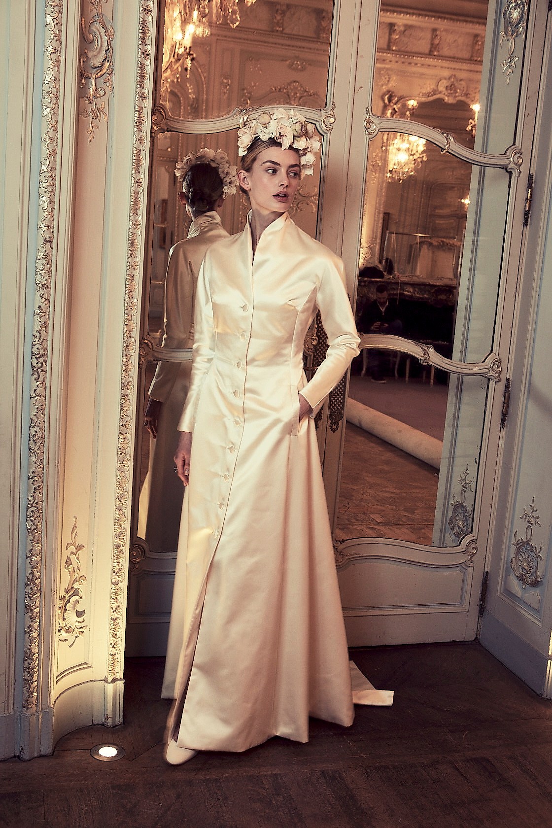 Phillipa-Lepley-Couture-Wedding-Dress-London-UK-Designer-Bespoke-Cornelia-Satin-Coat-Full-Length-Long-Sleeve-Heavy-Weight-Satin-High-Neck-Collar-Pockets