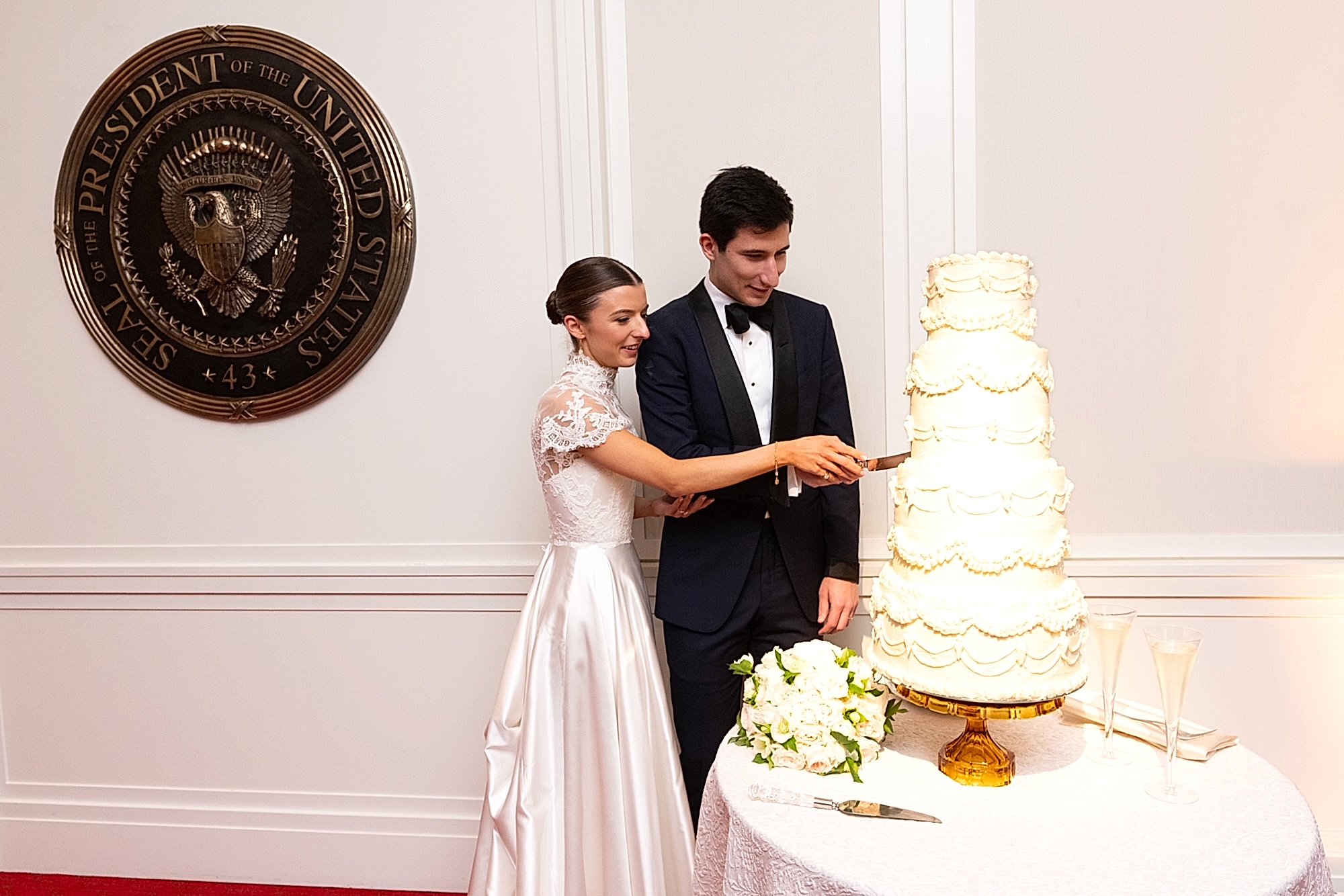 Phillipa_Lepley_Bride_Bespoke_High_Neck_Symmetrical_Scroll_Lace_and_Duchess_Satin_Wedding_Dress_For_Texas_Wedding