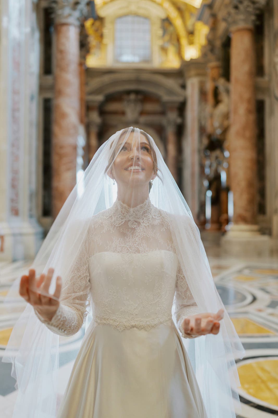 Phillipa_Lepley_Bride_Taylor_Bespoke_Vatican_Wedding_Dress_Duchess_Satin_Strapless_Gown_And_Lace_Long_Sleeve_Top_With_Embroidered_Script_Veil