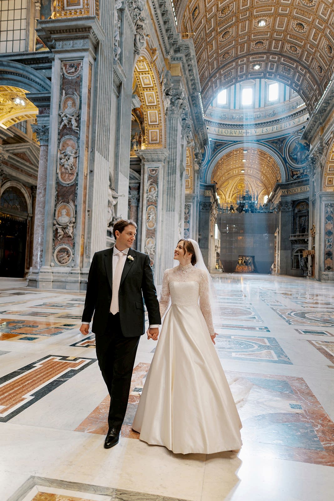Phillipa_Lepley_Bride_Taylor_Bespoke_Vatican_Wedding_Dress_Duchess_Satin_Strapless_Gown_And_Lace_Long_Sleeve_Top_With_Embroidered_Script_Veil