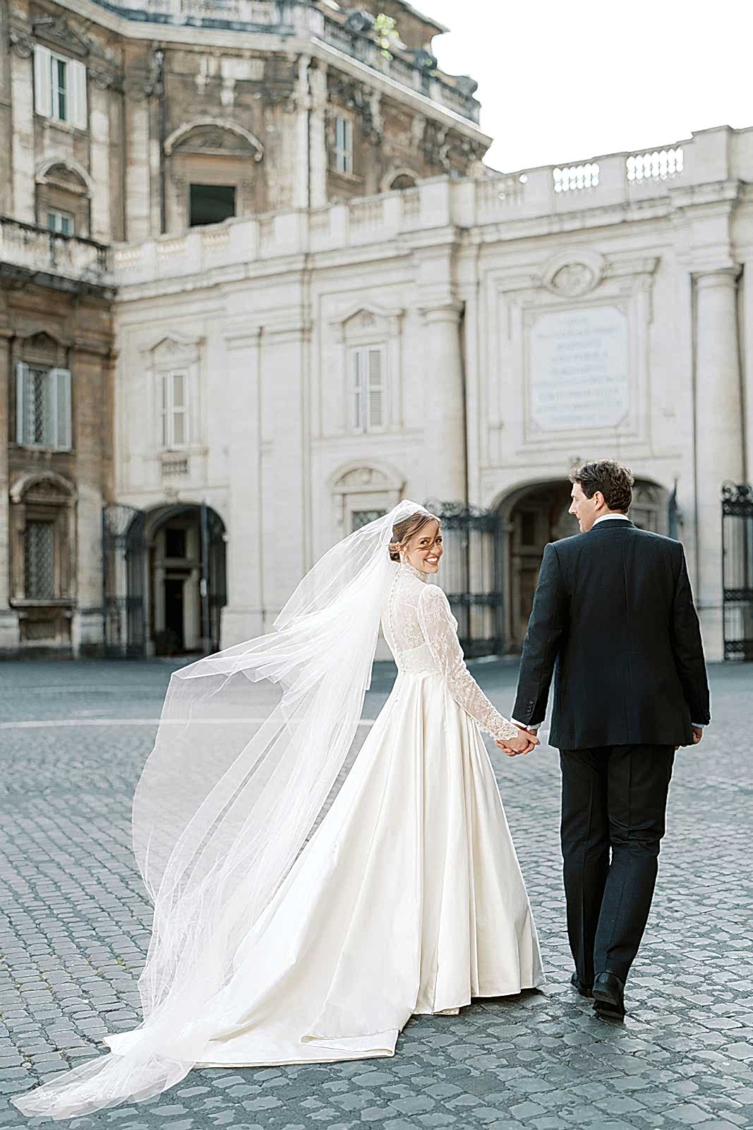 Phillipa_Lepley_Bride_Taylor_Bespoke_Vatican_Wedding_Dress_Duchess_Satin_Strapless_Gown_And_Lace_Long_Sleeve_Top_With_Embroidered_Script_Veil