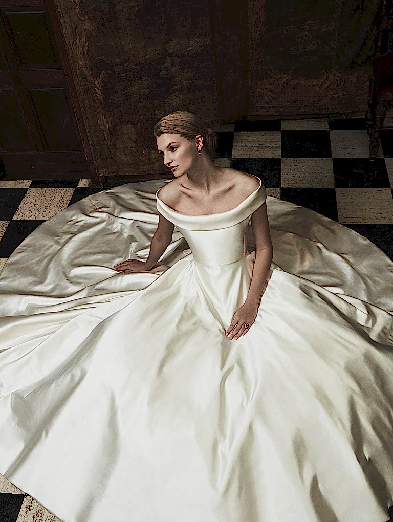 Phillipa Lepley Couture Wedding Dress Silk Satin Corseted Off The Shoulder Collar Bespoke Wedding Dress London UK
