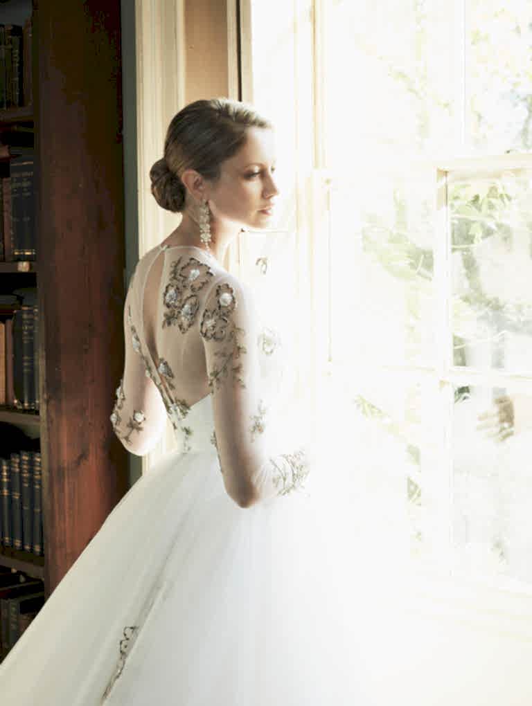 Phillipa Lepley Couture Wedding Dress London Tulle Embroidered Coloured Wedding Dress Long Sleeves Keyhole Neckline Wedding Dress Designer London UK