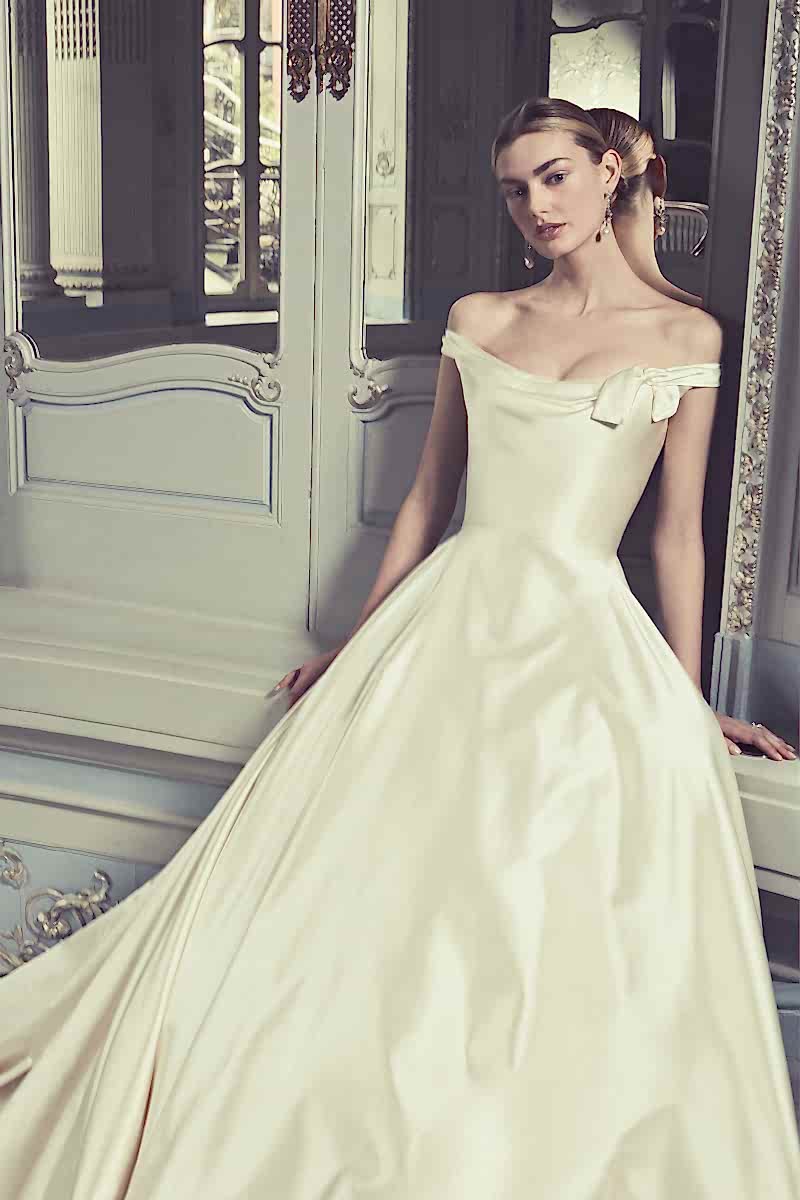 Phillipa-Lepley-Couture-Wedding-Dress-London-UK-Designer-Bespoke-Couture-Vienna-Decollete-Bow-Off-The-Shoulder-Bow-Neckline-Satin-Corset-Full-Skirt-Long-Train-Wedding-Gown-Colour-Full