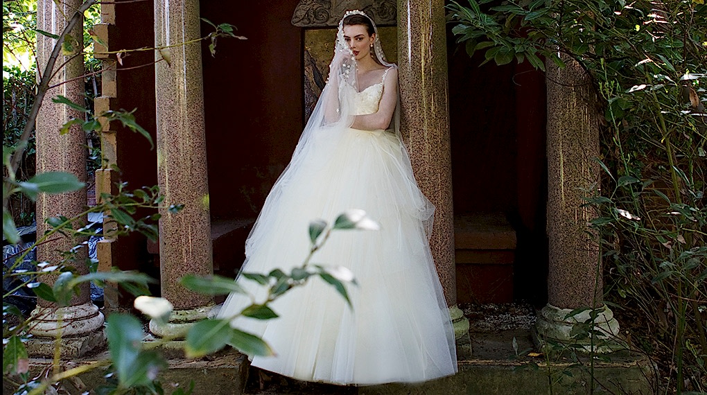 Phillipa Lepley Couture Wedding Dress London UK Designer Bespoke Couture Grand Tulle Surprise Tulle Full Skirted Wedding Dress with Thin Straps Embroidered Bodice Corset LANDSCAPE 1415 1020 X 570