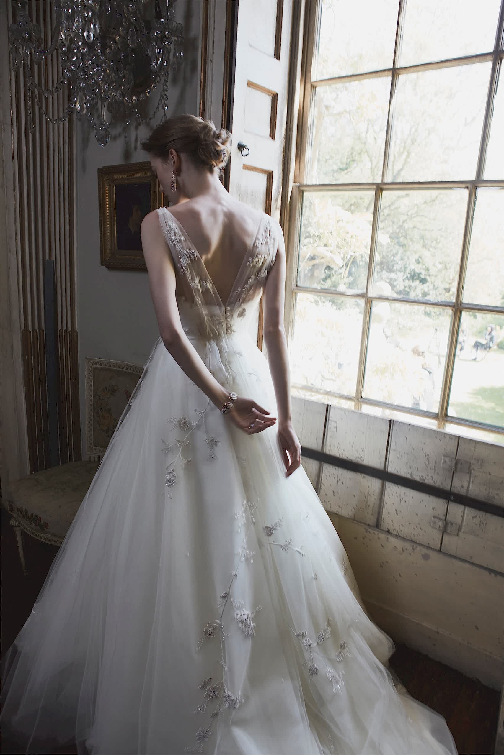 Phillipa-Lepley-Couture-Wedding-Dress-London-Frothy-Flowers-Tulle-Embroidered-Ballgown-V-Neck-Corset-Long-Train-Back